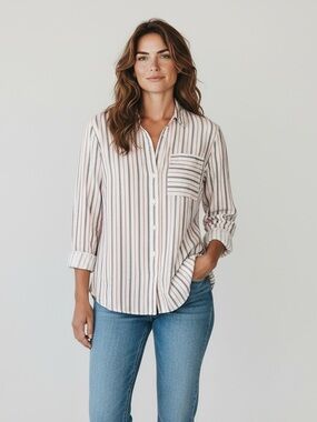 GAP Perfect Shirt -Striped Button-Down Shirt in Cream, Blue and Red
